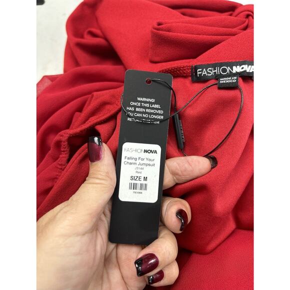 Fashion Nova Red Cold Shoulder Wide Leg Jumpsuit Belted Falling For Your Charm M - Picture 15 of 16